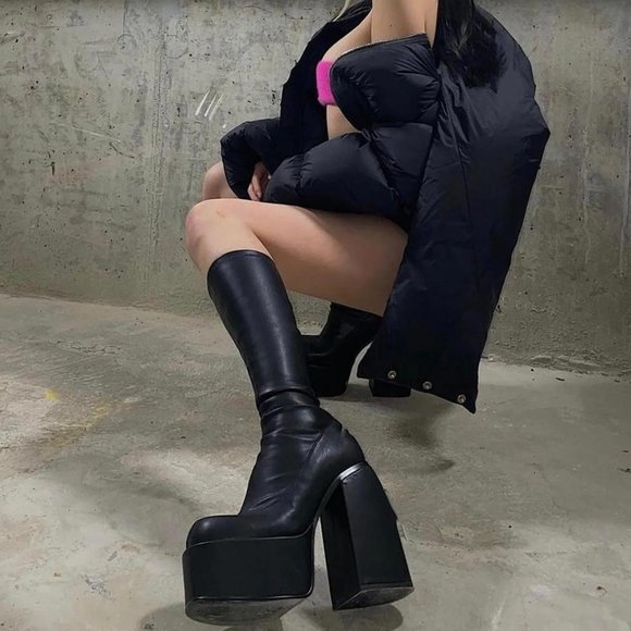 Black Faux Leather Chunky Platform Square Toe Knee High Boots - Picture 2 of 5